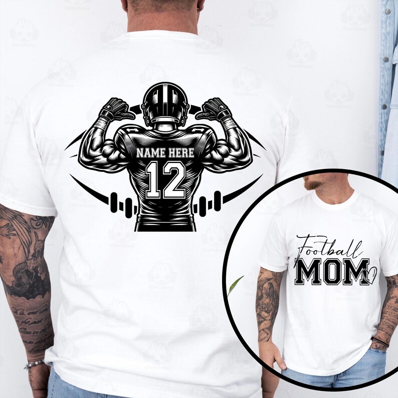 May include: White t-shirt featuring a black graphic of a football player with the text "NAME HERE" and the number "12". A second white t-shirt with the text "Football MOM" is also visible.