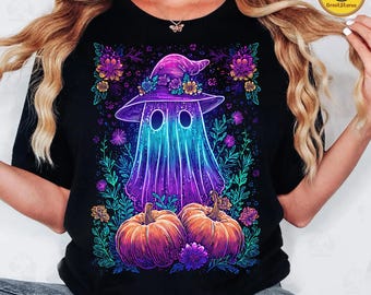 Trendy Halloween Ghost Neon Png, Spooky Ghost Png, Neon Pumpkin Halloween Png, Colorful Floral Spooky Season Png, Retro Witchy Ghost Png