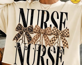 Nurse Patchwork PNG, Camo Leopard Checkered Bow Design, Occupational Therapist PNG, Neutral Nurse Shirt Graphic, Trendy Healthcare