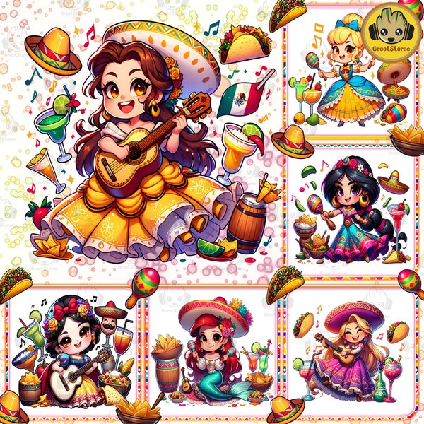 Ensemble de dessins animés princesse Cinco de Mayo Png, Cinco de Drinko Png, Cinco de Mayo Fiesta, Cinco de Mayo Sublimation Design, téléchargement numérique