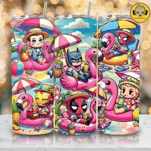 Cartoon Beach Summer 2025 Tumbler Wrap Png, Superhero Summer 20oz Skinny Tumbler Wrap Png, Superhero Summer Vacation Tumbler Sublimacja