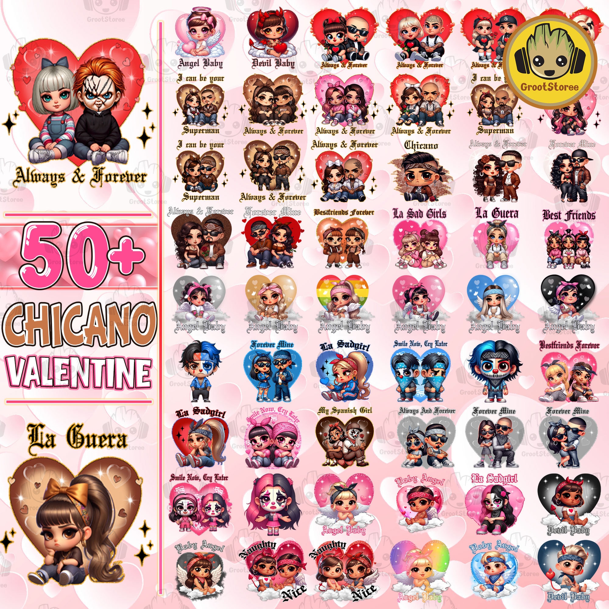 50+ Always and Forever Chicano Png Bundle, Spanish Always and Forever Couple Png, Valentines Day Png, Old School Cholo Couple Png
