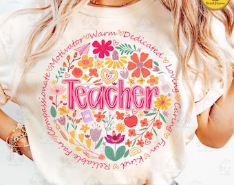 Retro Floral Teacher png, Teacher Png Sublimation, Teacher Shirt Design, Teacher Png, Teacher Appreciation Png, Spring Boho Wildflowers Png