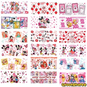 May include: A collection of pink and white decorative stickers featuring various Disney characters, hearts, and Valentine's Day themes. The stickers include images of Mickey and Minnie Mouse, Winnie the Pooh, and other characters, with text like "Happy Valentine's Day".