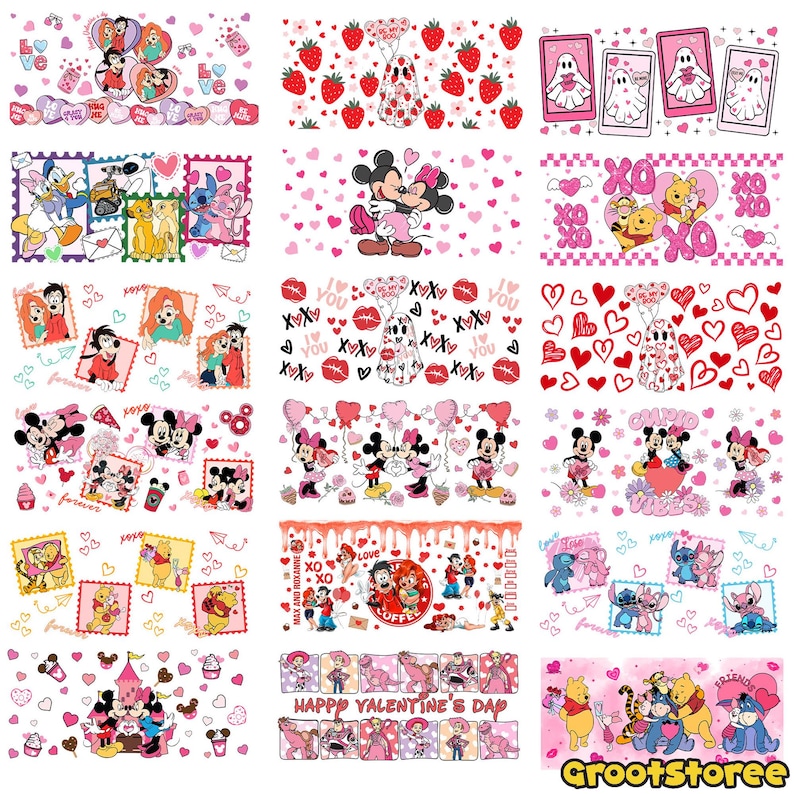 May include: A collection of pink and white decorative stickers featuring various Disney characters, hearts, and Valentine's Day themes. The stickers include images of Mickey and Minnie Mouse, Winnie the Pooh, and other characters, with text like "Happy Valentine's Day".