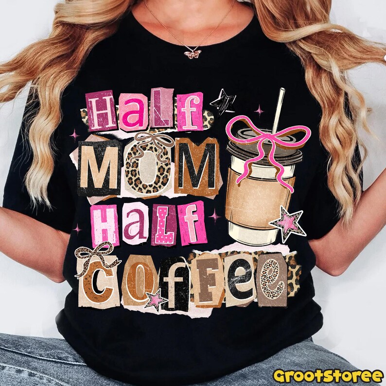 Coffee Mama PNG, Halvmamma Halvkaffeskjortadesign, Retrorutig kokettrosett, Leopardfärgad mors dag digital nedladdning bild 3