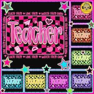 Retro Neon Teacher Png Bundle, Groovy Love Them Teach Them Watch Them Grow Png, Colorful Checkered Teacher Sublimation, Back To School Png