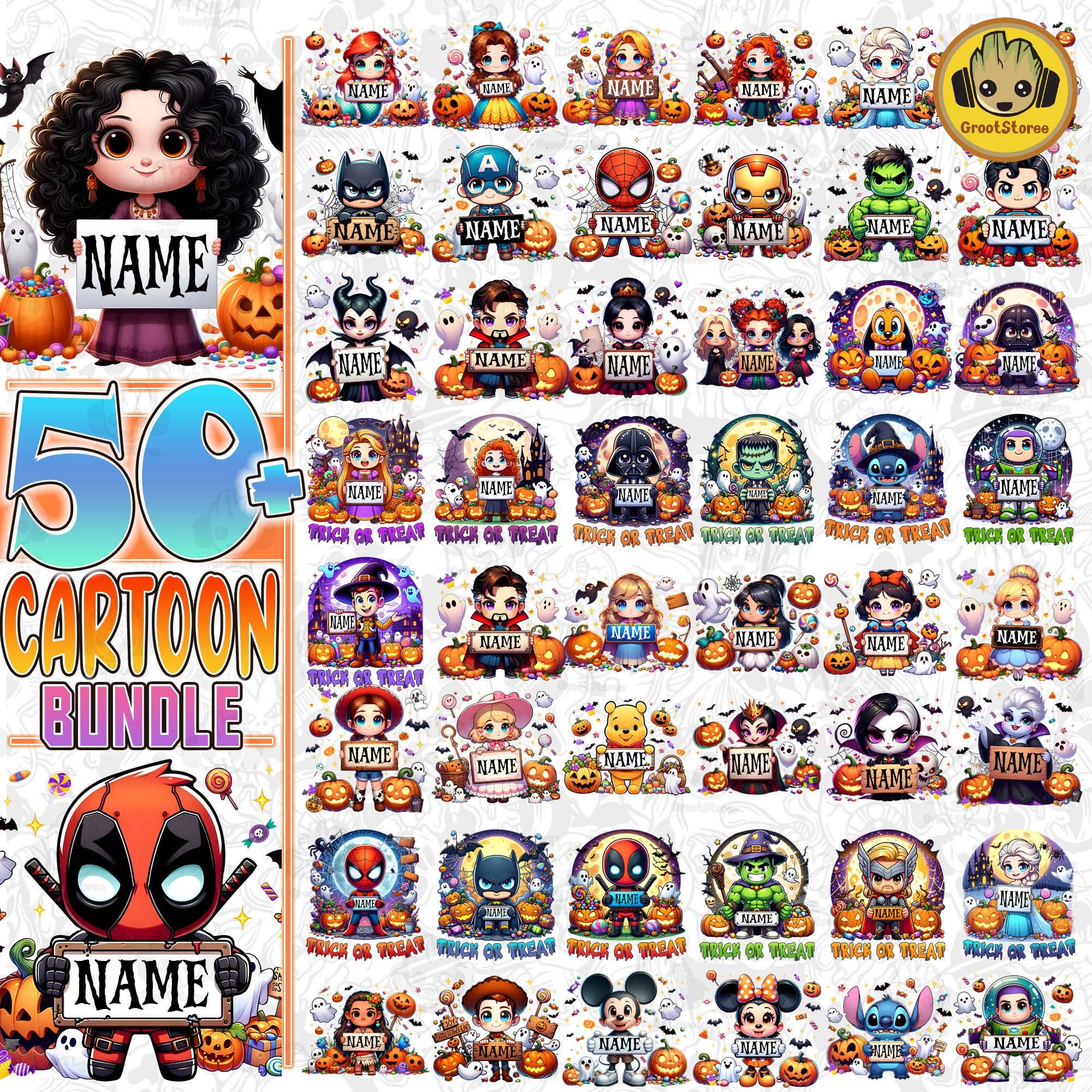 50+ Halloween Cartoon Custom Png Bundle, Custom Kid Name Trick Or Treat Bag Design Png, Halloween Cartoon Movie Png, Digital Download
