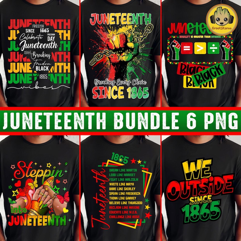 May include: A collection of six black t-shirts with Juneteenth-themed designs. The shirts feature various graphics, including fists breaking chains, text, and the year 1865. The phrase "Juneteenth Bundle 6 PNG" is displayed in green and white.