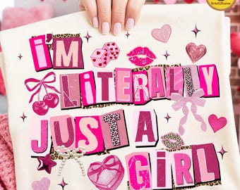 Girly preppy collage png, ik ben letterlijk gewoon een meisje png, stickerontwerp strik, meisjesjaren baddie png, populair digitaal sublimatiebestand