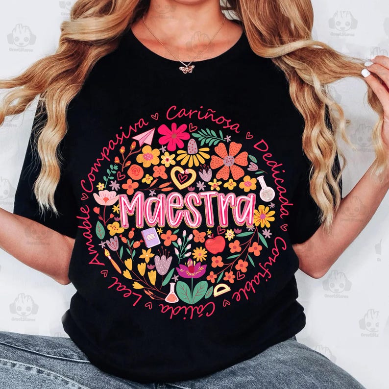 Retro Preppy Maestra Floral Png, Boho Floral Maestra Png, Vintage Preppy Spanish Teacher Png, Brushstroke Teacher Shirt Png, Digital File image 2