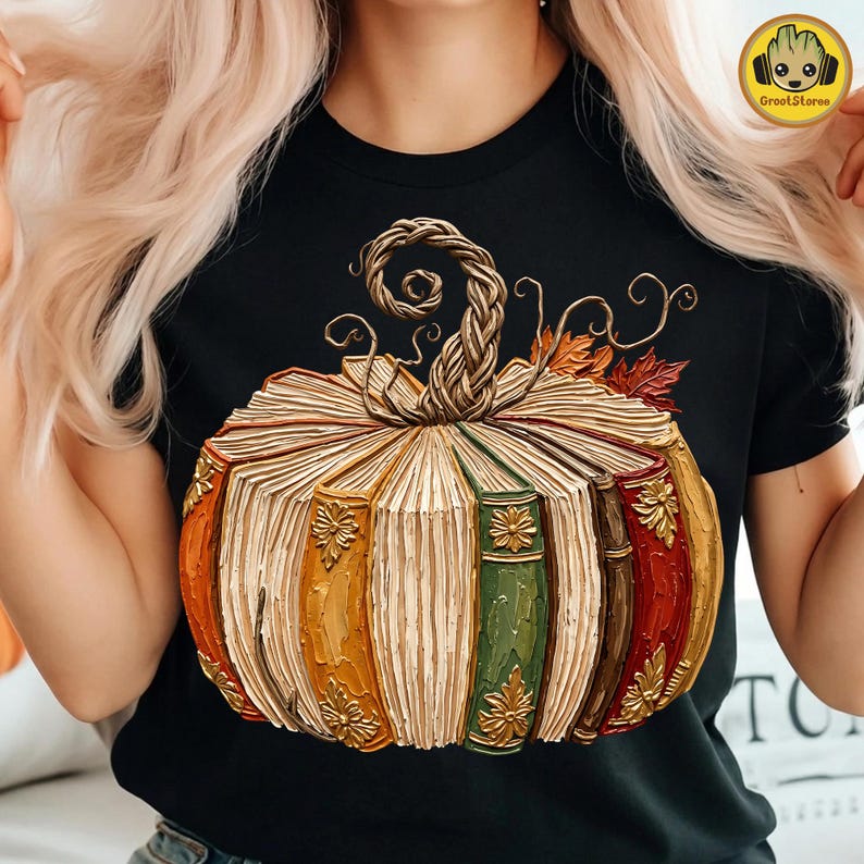 Automne livre citrouille PNG T-Shirt Design, Fantasy citrouille livre PNG, automne rétro Halloween professeur des cliparts, lecture citrouille en téléchargement numérique image 4