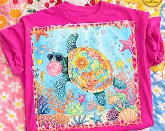 Preppy Summer Turtle PNG, Blowing Bubble Ocean Design, Girly Vacation Shirt PNG, Kids Toddler Funny Summer Sublimation PNG