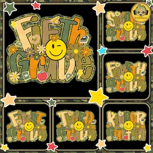 Retro Back To School Camouflage Png Bundle, Kindergarten Dude, Pre K Png, First Day Of School Png, Retro First/ Second/ Third Grade Design