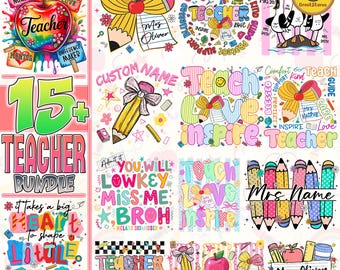 15+ Personalized Teacher Png Bundle, Custom Teacher name Png, Teacher Back To School Png, Teacher Appreciation, Retro Teacher Pencil Bow Png
