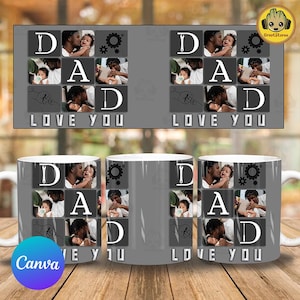 Plantilla Canva para taza con foto de papá, archivo PNG para sublimación, cuadrícula de fotos para taza de papá, plantilla de taza para papá de 325 ml, regalo para papá, envoltura para taza del Día del Padre (PNG)