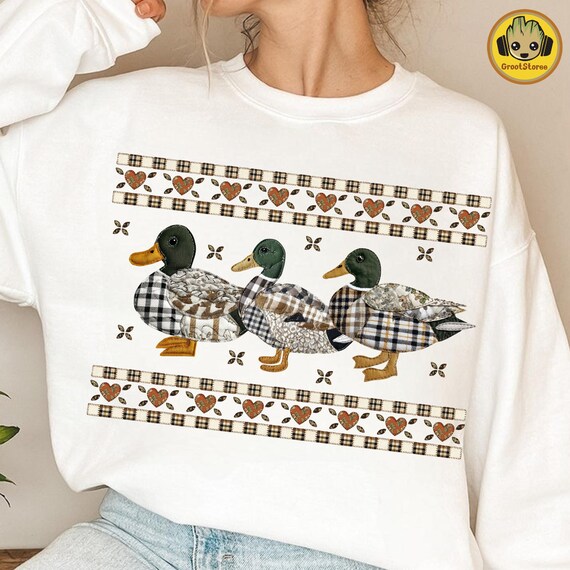 Patchwork Duck PNG, Grandma Core Mallard Duck PNG, Vintage Farmhouse Country Folk Animals, 90s Inspired Thrifted Sweater