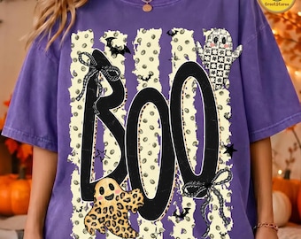BOO Halloween Ghost PNG, Spooky Striped Ghost Design, Coquette Halloween Shirt Graphic, Trendy Fall Sublimation, Digital Download