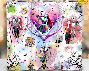 May include: Three stainless steel tumblers with a spooky theme. Each tumbler features characters from The Nightmare Before Christmas, including Jack Skellington and Sally, with spiderwebs and bats. The tumblers have a silver straw and a white lid.