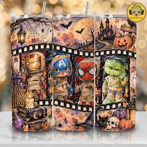 May include: A cylindrical tumbler featuring a Halloween-themed wrap with chibi-style superheroes dressed as mummies, including Iron Man, Captain America, Spider-Man, and Hulk. The design includes film strips, pumpkins, bats, and a haunted house.