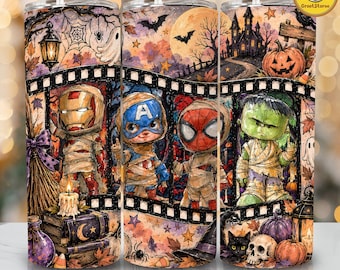 Boys Spider Skeleton Halloween Tumbler PNG, Retro Superhero 20oz Skinny Tumbler Wrap, Spooky Season Design, Kids Halloween Sublimation