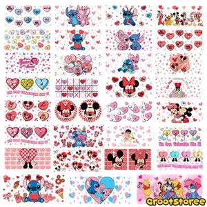 May include: A collage of Valentine's Day-themed designs featuring cartoon characters like Stitch, Minnie Mouse, and Mickey Mouse. The designs include hearts, candy hearts with phrases like "Kiss Me," and the text "Un San Valentin Sin Ti."