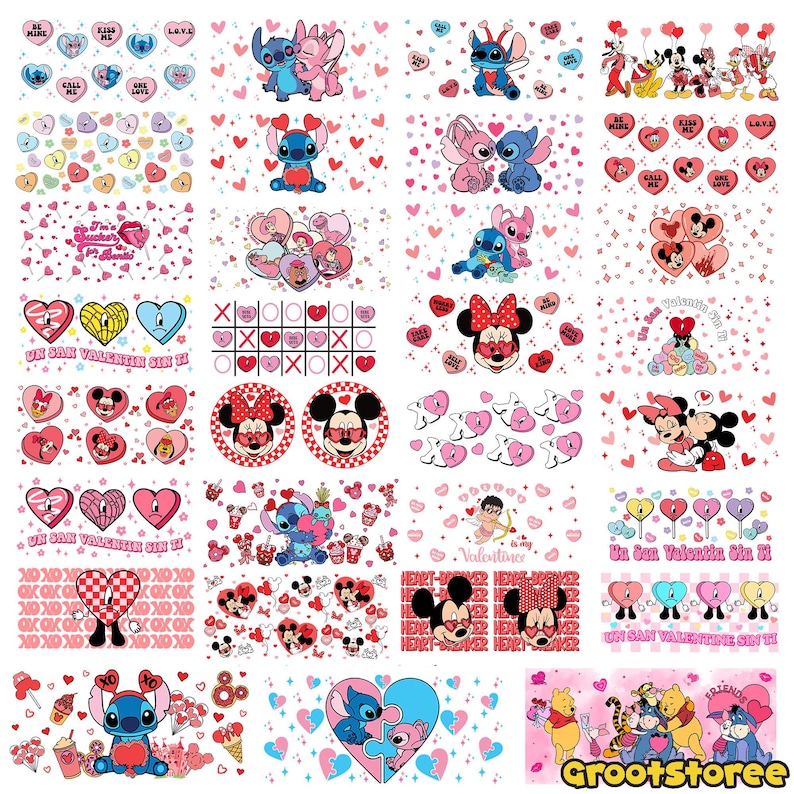May include: A collage of Valentine's Day-themed designs featuring cartoon characters like Stitch, Minnie Mouse, and Mickey Mouse. The designs include hearts, candy hearts with phrases like "Kiss Me," and the text "Un San Valentin Sin Ti."