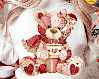 Retro Patchwork Valentine Teddy Bear PNG, Quilted Love Coffee Bear Sublimation, Cute Cozy Bear Valentine Shirt Design Png, Love XOXO Png