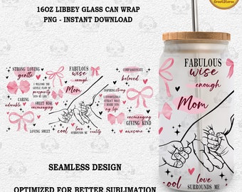 Custom 1-6 Mother Hand Glass Can Png, Mama Png, Pink Coffee 16oz Libbey Tumbler Wrap, Mother's Day 16oz Libbey Glass Can Wrap Png