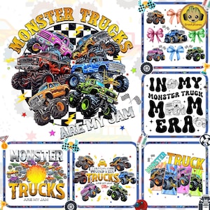 K&ouml;nnte beinhalten: Eine Sammlung farbenfroher Monstertruck-Designs. Das Hauptbild zeigt eine Gruppe von Monstertrucks mit dem Text "MONSTER TRUCKS ARE MY JAM". Weitere Designs enthalten den Text "IN MY MONSTER TRUCK MOM ERA".