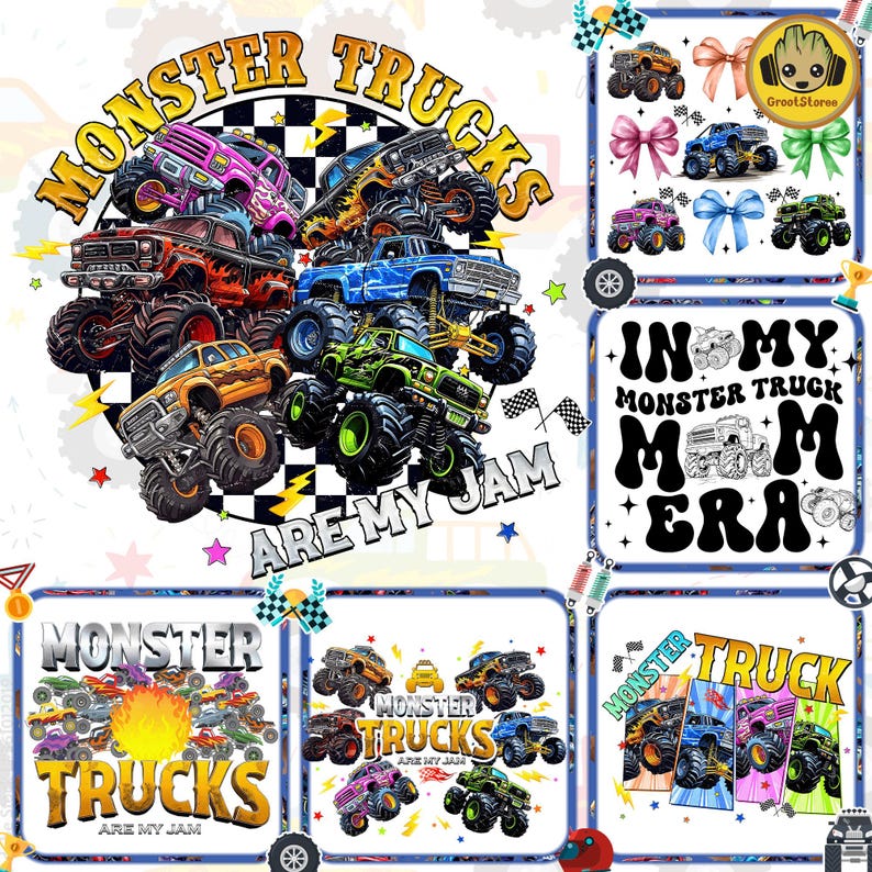 K&ouml;nnte beinhalten: Eine Sammlung farbenfroher Monstertruck-Designs. Das Hauptbild zeigt eine Gruppe von Monstertrucks mit dem Text "MONSTER TRUCKS ARE MY JAM". Weitere Designs enthalten den Text "IN MY MONSTER TRUCK MOM ERA".