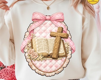 Patchwork Christian Cross PNG, Vintage Thrifted Grandma Core Shirt Design, Coquette Cottagecore Bible Sublimation, Homestead Mama PNG