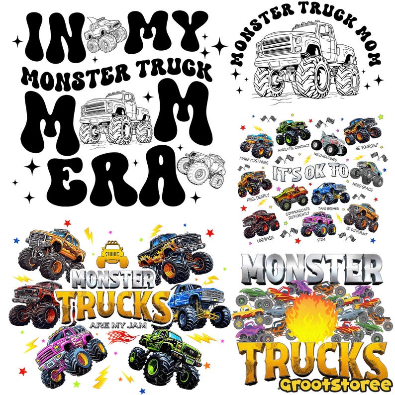 K&ouml;nnte beinhalten: Ein Grafikdesign mit dem Text "IN MY MONSTER TRUCK MOM ERA" in einer fetten, retro Schriftart. Das Design enth&auml;lt Illustrationen von Monstertrucks in verschiedenen Farben und Stilen, mit zus&auml;tzlichem Text "MONSTER TRUCKS ARE MY JAM".
