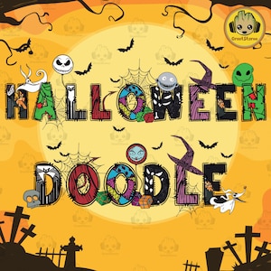 Doodle Alpha Bundle, Bundle Halloween Alphabet Png, Make Your Own Name, Horror Doodle Letters With Clip Art Png Files, Instant Download