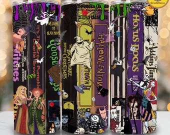 90s Style Retro Vintage Halloween Tumbler Wrap, Halloween Movies VHS 20oz Skinny Tumbler Wrap, Halloween Characters 20 oz Tumbler Png design