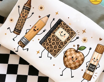 Cute Leopard School PNG, Back To School Teacher Design, School Supplies Clipart, Apple Pencil Notebook Graphic, First Day Sublimation Png