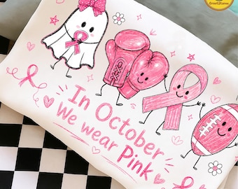 Cute Doodle Breast Cancer PNG, In October We Wear Pink Design, Pink Ribbon PNG, Coquette Breast Cancer Awareness Shirt, Digital File