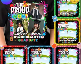 Paquete de PNG editables para la graduación de jardín de infantes de 7+ familias en Canva, plantilla de camiseta para mamá y papá de la clase de preescolar de 2026, diseño de sublimación para fiesta de graduación infantil
