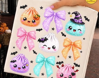 Kawaii Halloween Dumpling PNG, Glitter Spooky Food Characters, Cute Fall Halloween Clip Art Bundle, Sparkle Sublimation PNG Download
