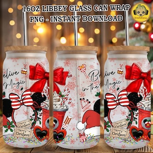 Merry Christmas Movie Glass Can Sublimation PNG, Xmas Cartoon Coffee 16oz Libbey Wrap Design, Cute Holiday Character Glass Can PNG