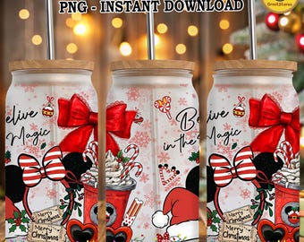 May include: Three 16oz Libbey glass can wraps with wooden lids and metal straws. Each features a Christmas design with red bows, candy canes, and the text "Believe in the Magic" and "Merry Christmas".