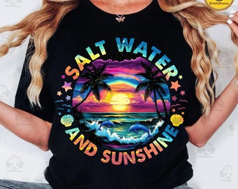 Retro Salt Water And Sun Shine Png, Neon Summer Vibes Png, Retro Beach Trip Vacation Png, Tropical Beach Png, Dolphins And Palm Trees Png