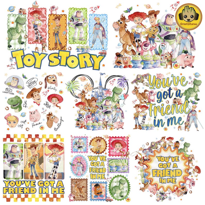May include: A collection of Toy Story themed digital illustrations featuring characters like Woody, Buzz Lightyear, Jessie, Rex, and the Aliens. The designs include the text Toy Story and You've got a friend in me, presented in various layouts.