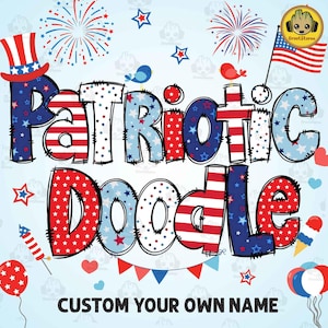 Paquete de PNG con nombre personalizado para el Día de la Independencia de tu hijo, PNG personalizado del 4 de julio, PNG con bandera estadounidense, PNG con garabatos del alfabeto patriótico, descarga digital