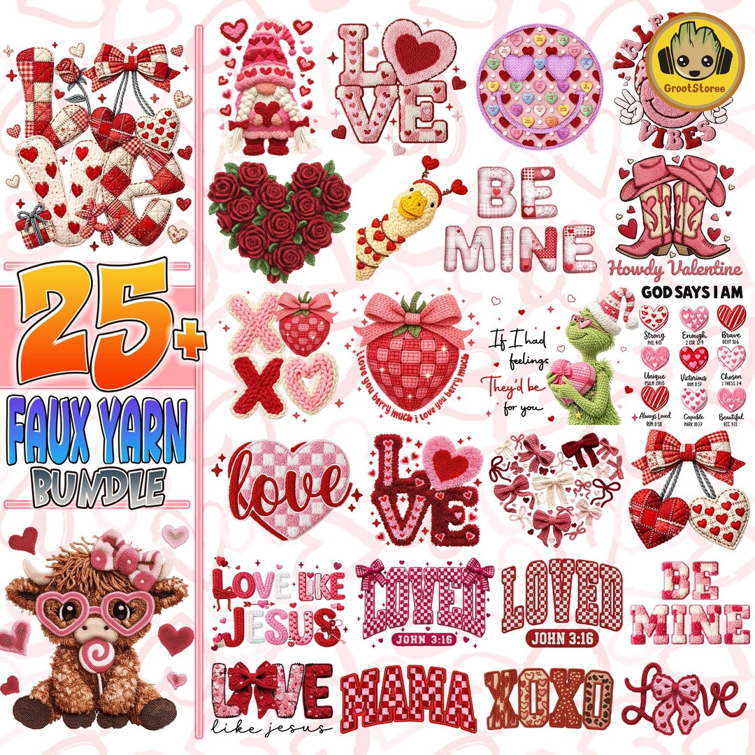 25+ Valentines Day PNG Bundle, Faux Yarn Latch Hook Yarn Bow Coquette ...