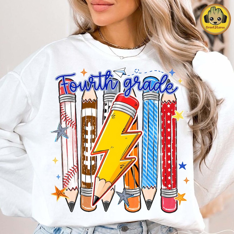Pre-K To Fourth Grade PNG Bundle, Preppy Blue Gingham School Design, Baseball Basketball Lightning Bolt, First Day Of School PNG image 5