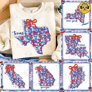 Preppy USA State Map Png-Bundle, 4. Juli Blumenkarte Png, Vaterländische Zustandskarte mit Bogen Png, Kokette Kentucky Png, Rot Weiß Blaue Png
