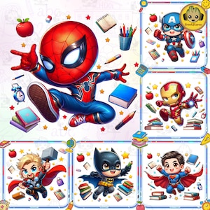 5 superhéroes de dibujos animados PNG, paquete de dibujos animados de regreso a la escuela PNG, dibujos animados divertidos PNG, amigos de dibujos animados PNG, dibujos animados de regreso a la escuela PNG, descarga digital