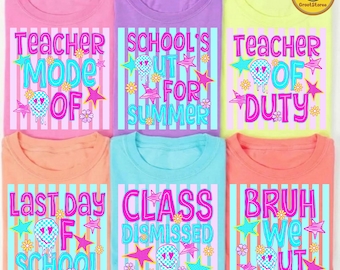 Teacher Summer PNG Bundle, Neon Striped School Design, School’s Out for Summer PNG, Class Dismissed Test Day Shirt, Digital Download