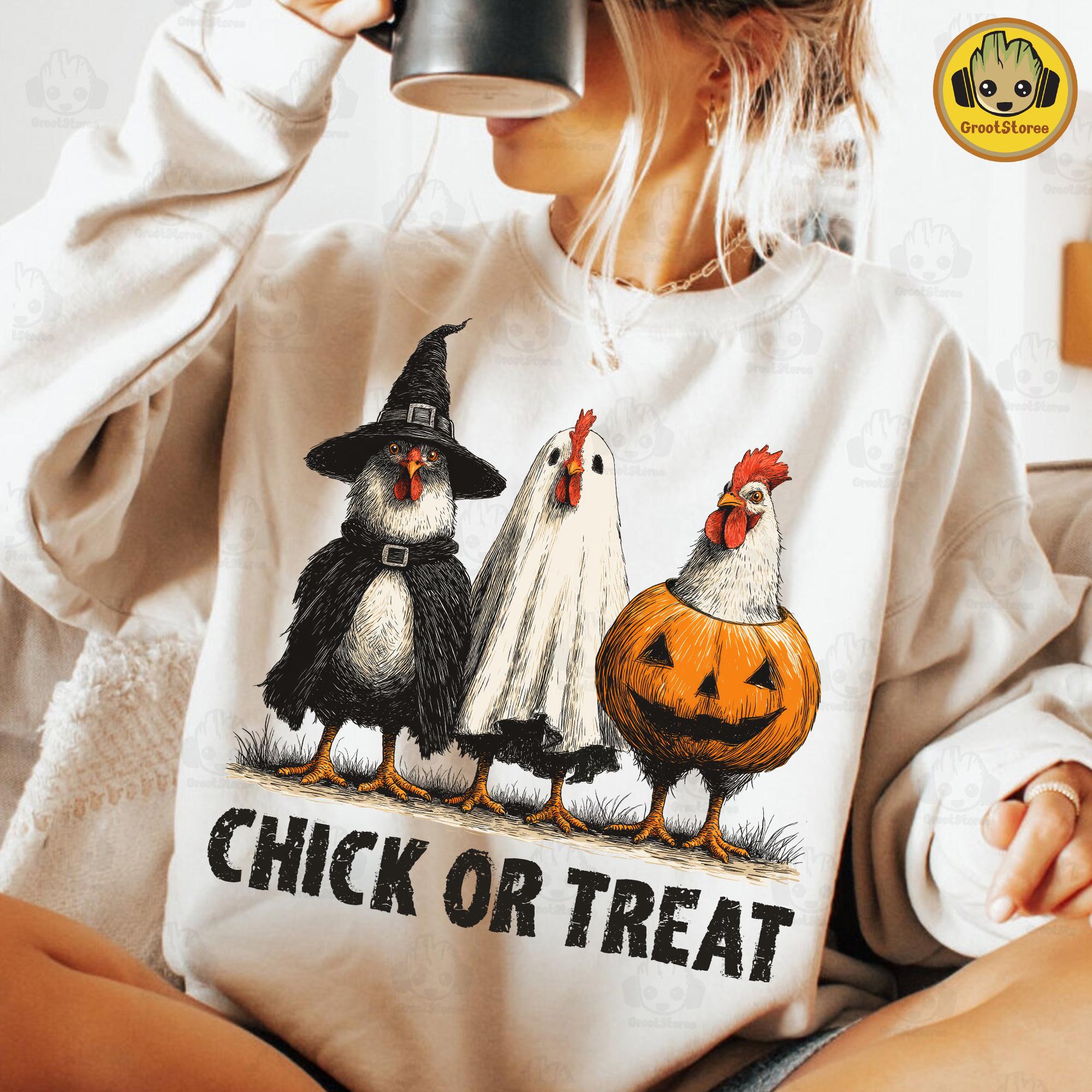 Retro Halloween Chicken Png, Chick Or Treat Png, Funny Spooky Chicken Png, Trendy Halloween Shirt Design, Spooky Season Png, Pumpkin Png